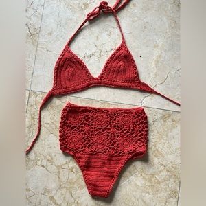 Red hand made crochet high waisted bikini